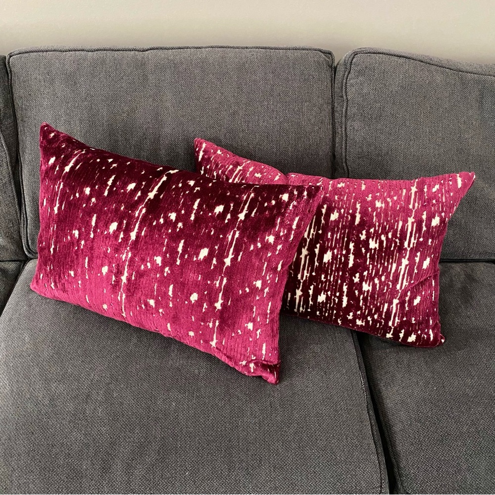 Burgundy velvet distressed feather filled lumbar pillows (2)